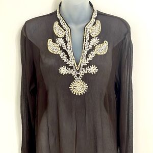 Anne Carson beaded silk top - swim cover L